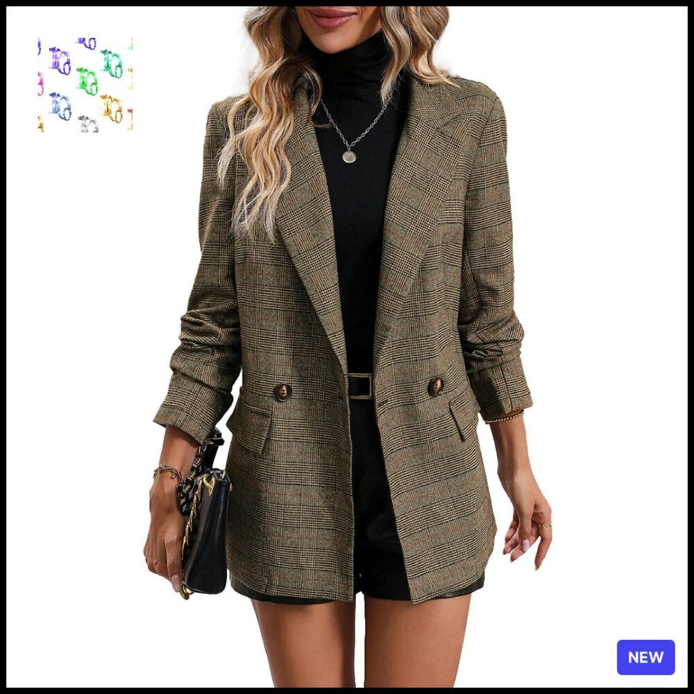 Houndstooth Plaid Blazer Notch Lapel Elegant Work Office Suit Jacket
